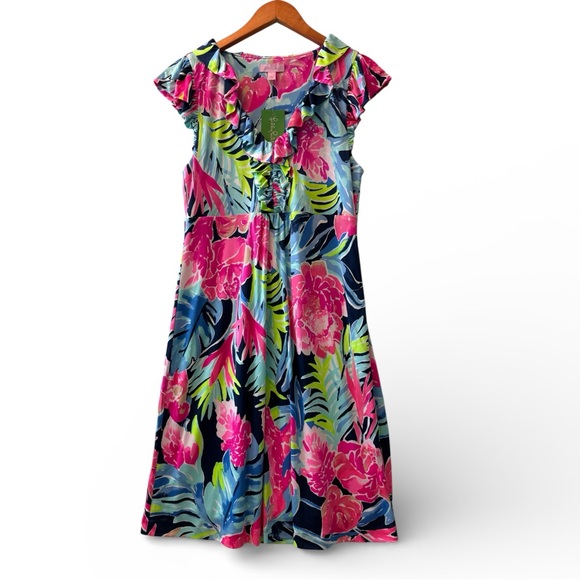 Lilly Pulitzer Dresses & Skirts - Lilly Pulitzer Clare Silk Jersey Multicolor Floral Ruffle Dress Size M NWT